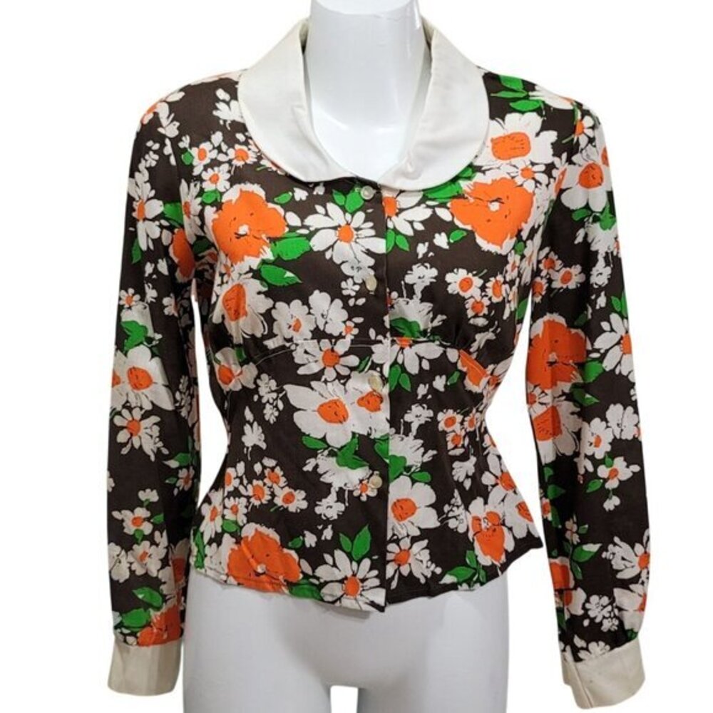Vintage Floral Long Sleeve Blouse Top Shirt Peter Pan Collar Button Front - Picture 8 of 8